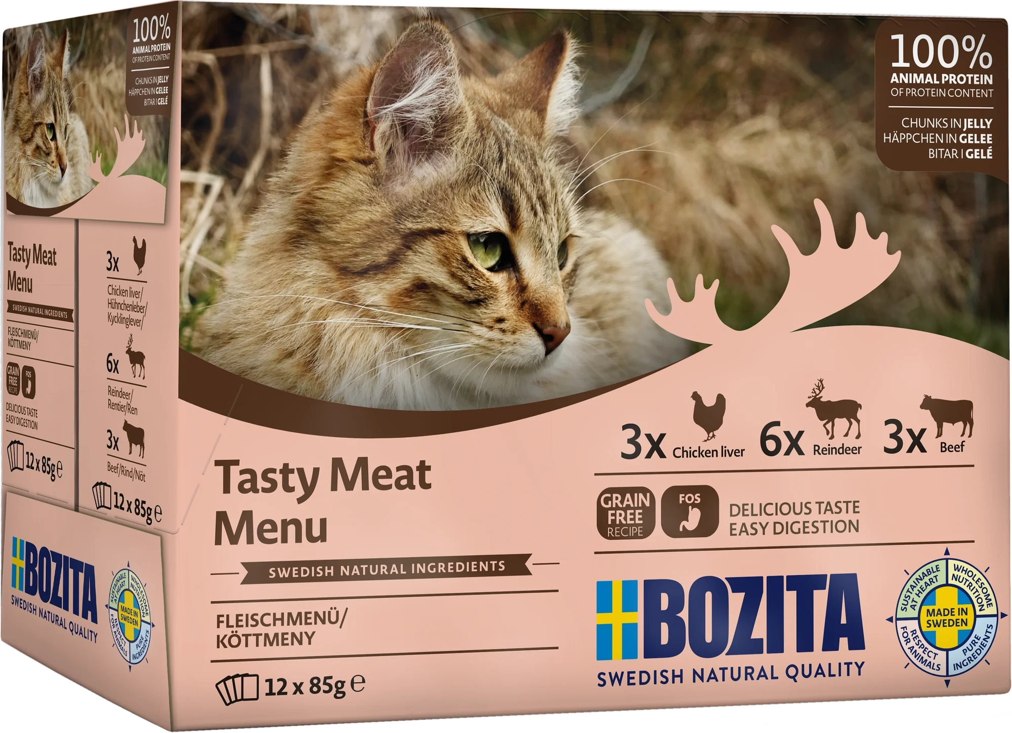 Köttmeny för vuxna katter i gelé, med 100% animaliskt protein och tre smaker: kycklinglever, ren och nöt. Spannmålsfritt foder, med prebiotiska FOS och balanserade mineraler och vitaminer.