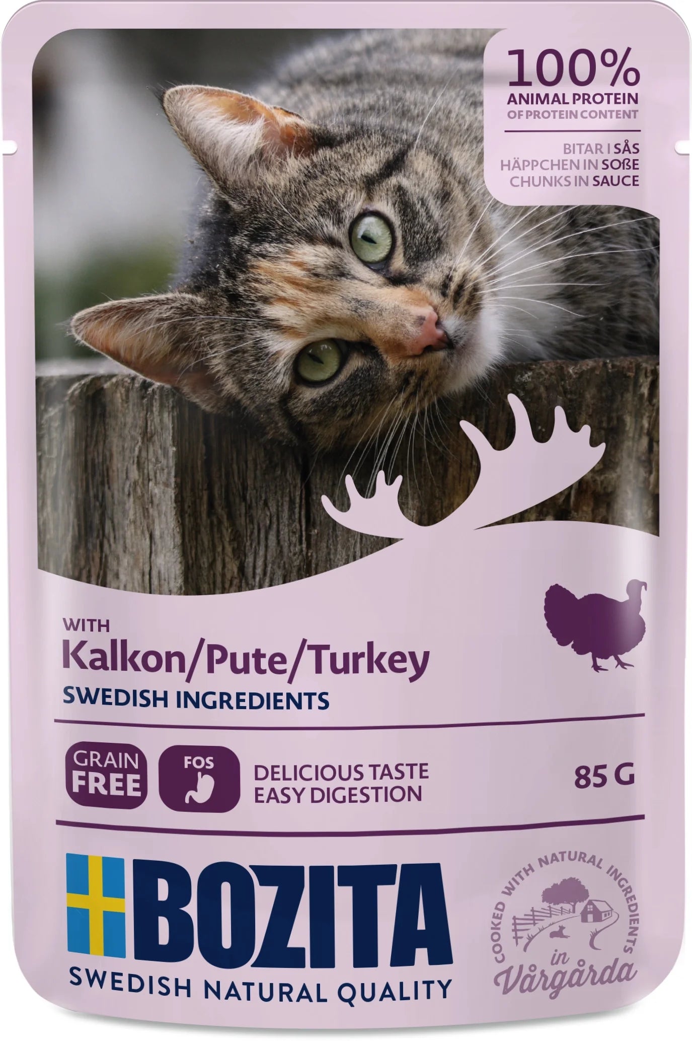 Bitar i sås med kalkon för vuxna katter, spannmålsfritt och lättsmält med prebiotiska FOS och balanserade mineraler och vitaminer.