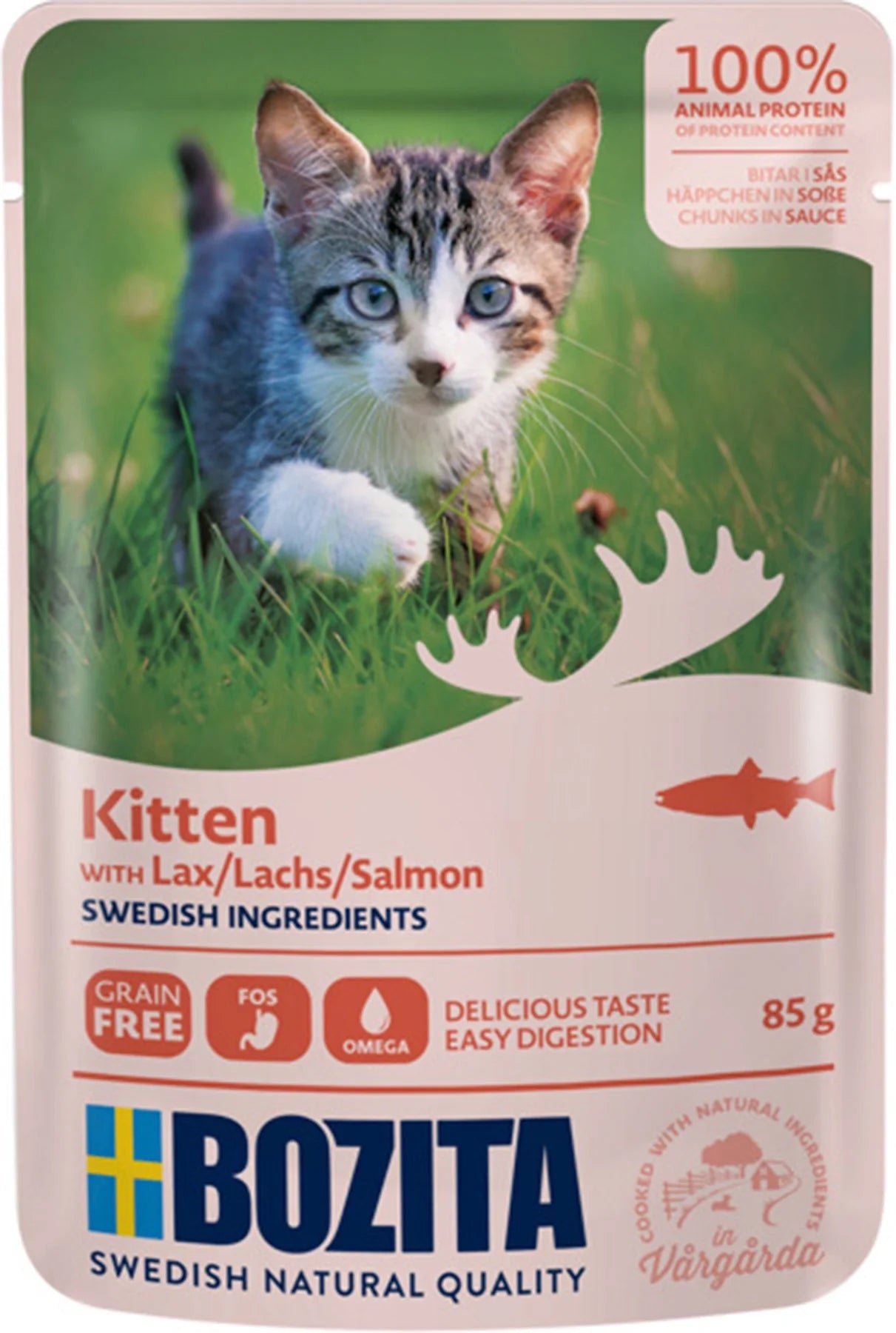 Bozita Kitten Lax, ett komplett foder för kattungar samt dräktiga och digivande katter. Innehåller nyttiga fettsyror från lax och naturliga svenska råvaror.
