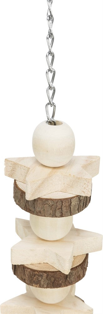 Träleksak med rep för fåglar, naturlig och hållbar leksak som stimulerar fågelns lek och klättring.