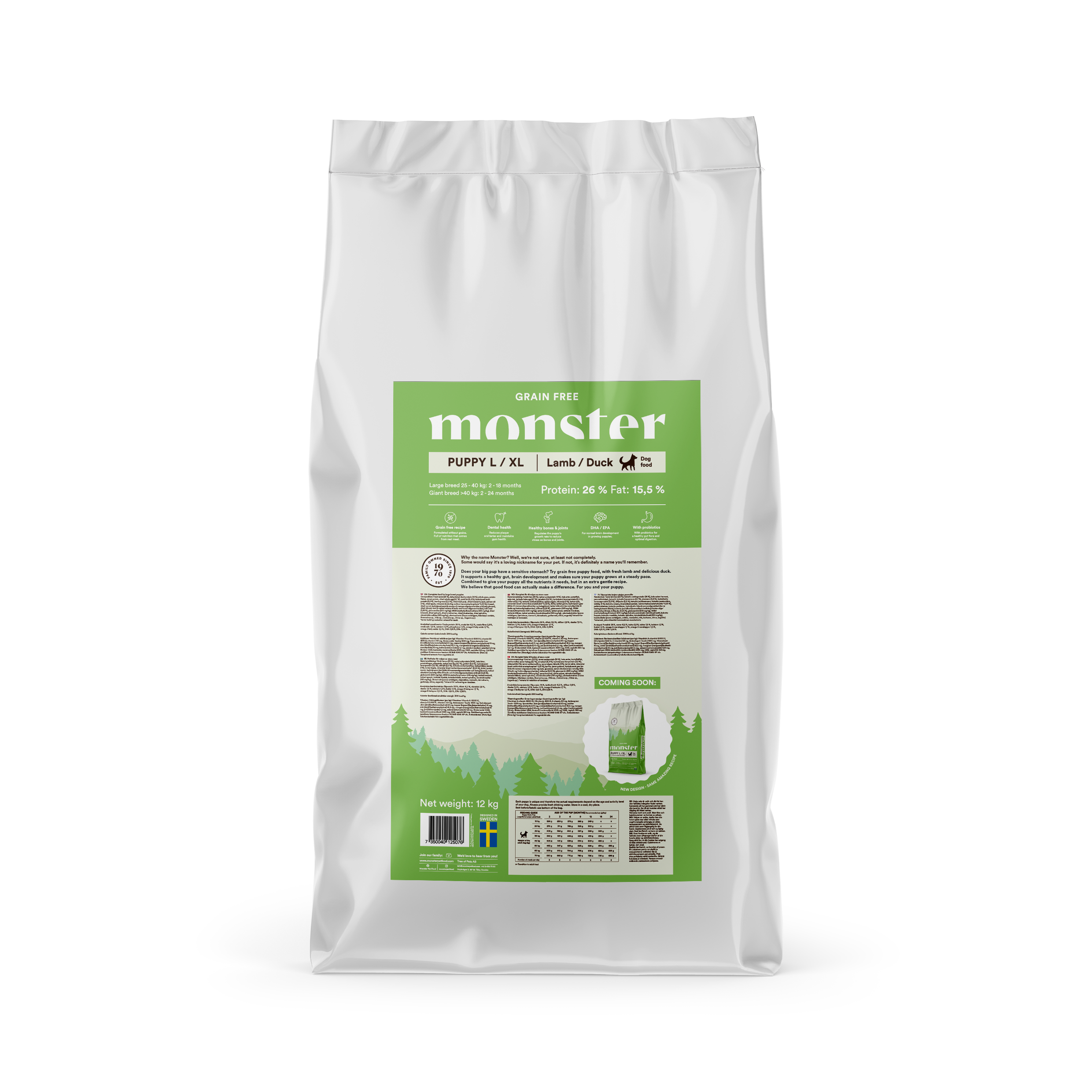 Monster Dog Grain Free Puppy L/ XL Lamb/Duck  spannmålsfritt torrfoder för stora hundvalpar med lamm och anka.