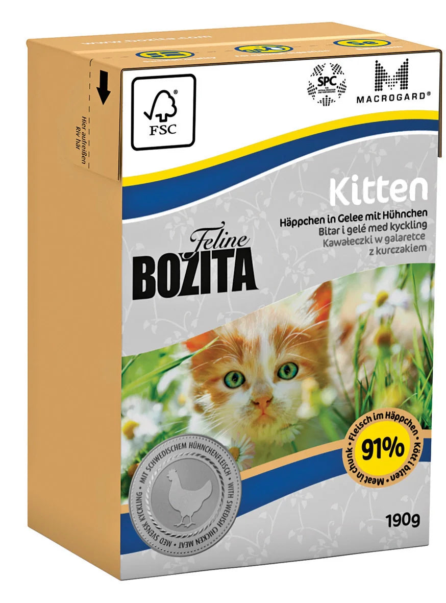 Blötmat för kattungar och unga katter med 91% svenskt kött och smak av kyckling. Mjuka bitar i gelé, hög smältbarhet, balanserad näring för enkel övergång till fast föda.