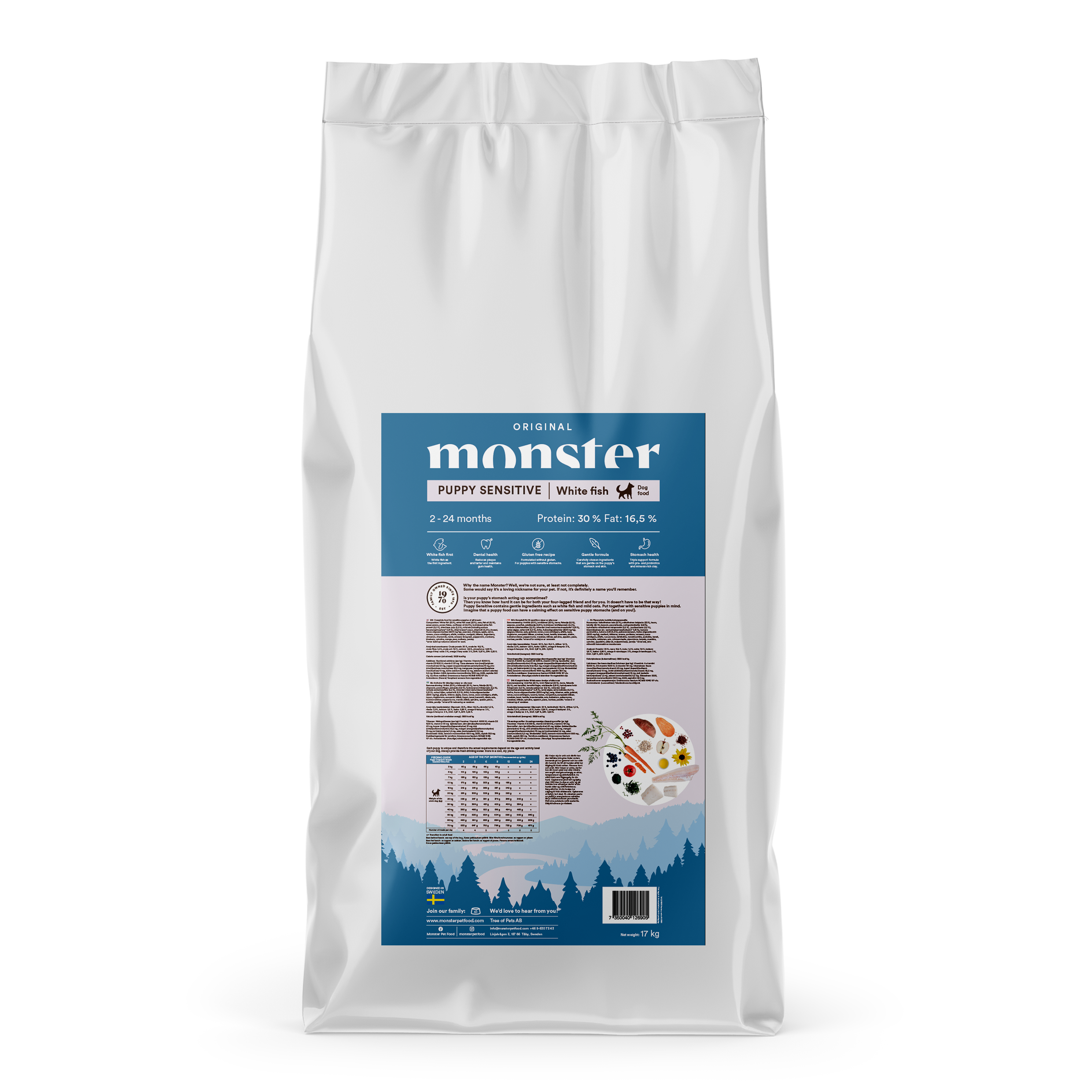 Monster Dog Original Puppy Sensitive White Fish  spannmålsfritt torrfoder för hundvalp med känslig mage med vit fisk och havre.