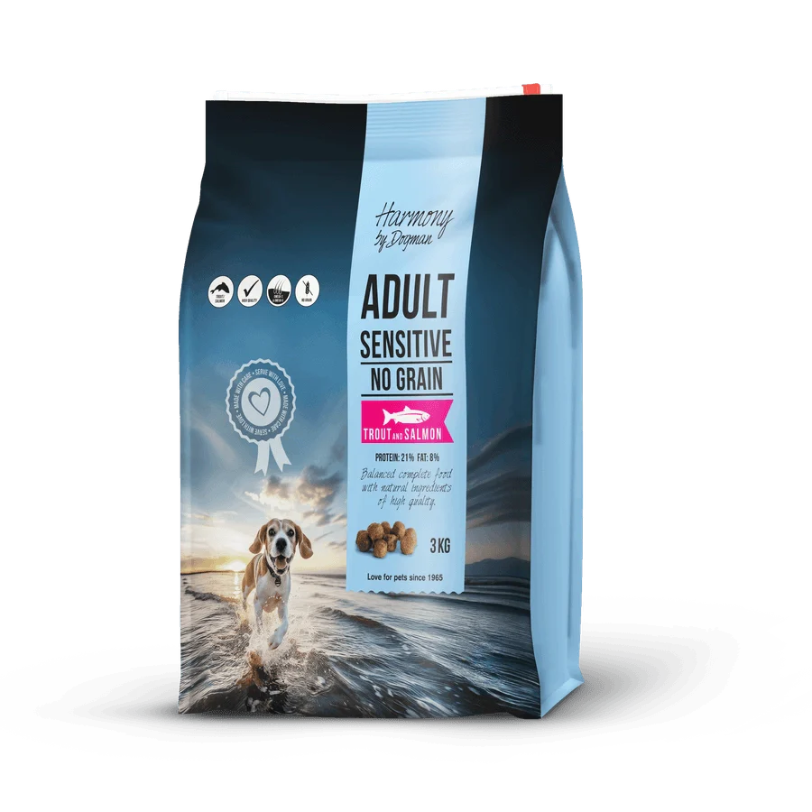Harmony Adult Sensitive, spannmålsfritt premiumfoder med färsk regnbågslax för vuxna hundar med känslig mage. Innehåller sötpotatis, cikoria och yucca för hälsosam matsmältning.