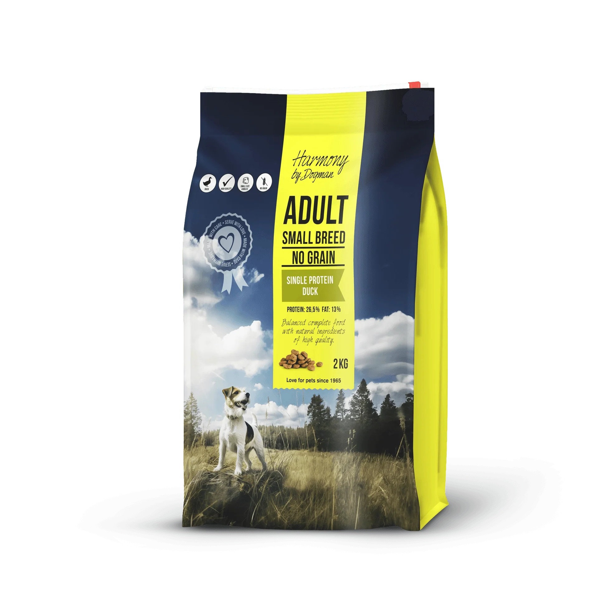 Harmony Adult Small Breed hundfoder med färsk anka för små hundar. Spannmålsfritt, främjar maghälsa och glansig päls. Inga onödiga tillsatser som soja eller färgämnen.