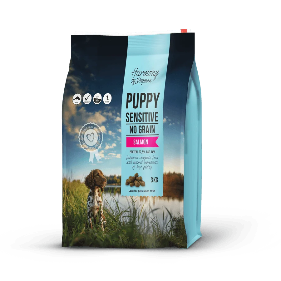 Harmony Puppy Sensitive hundfoder för valpar med känslig mage. Spannmålsfritt med färsk lax, omega 3, och superfoods för en sund hud och glansig päls.