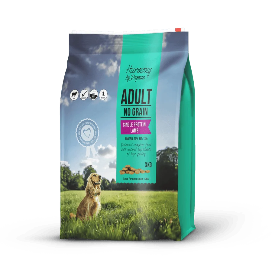Harmony Adult Lamb hundfoder för vuxna hundar med känslig mage. Spannmålsfritt foder med färskt lamm och superfoods för en sund matsmältning.