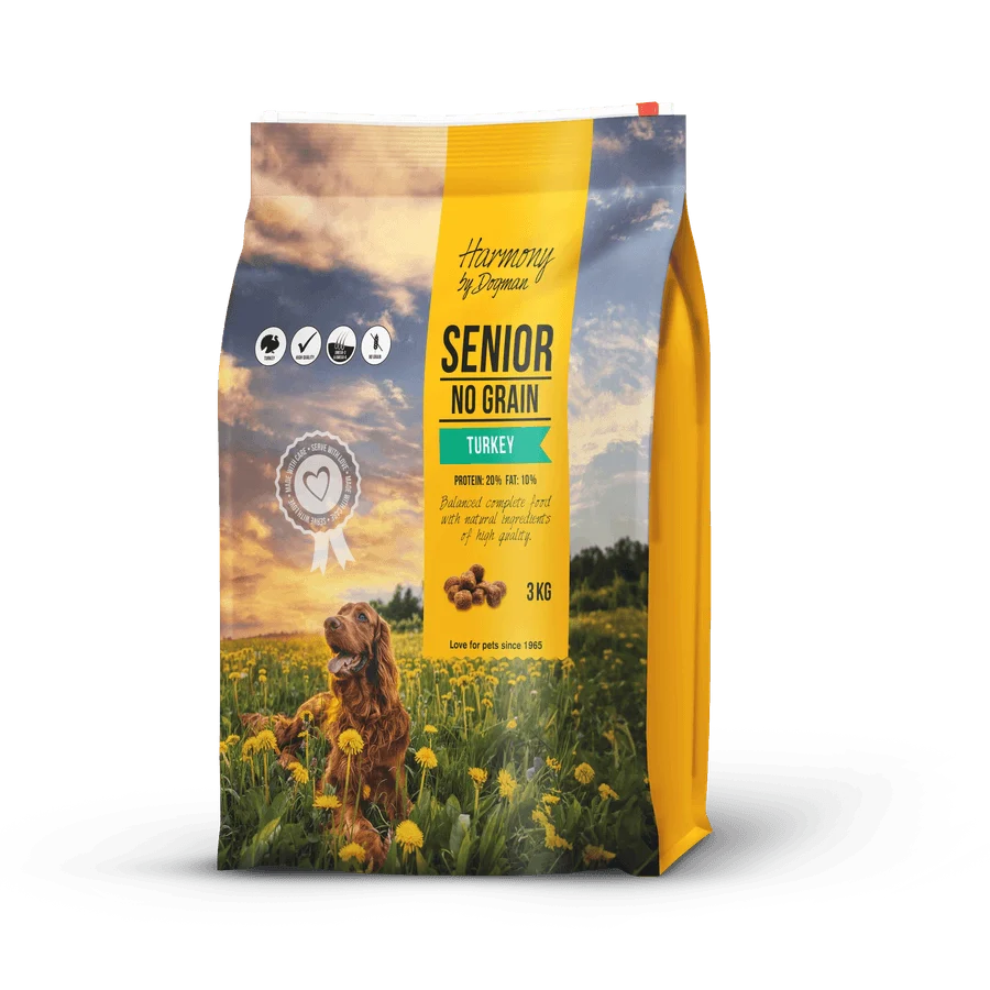 Harmony Senior spannmålsfritt premiumfoder för äldre hundar med färsk kalkon, omega-3 och antioxidanter, för hälsosamma leder och en glansig päls.
