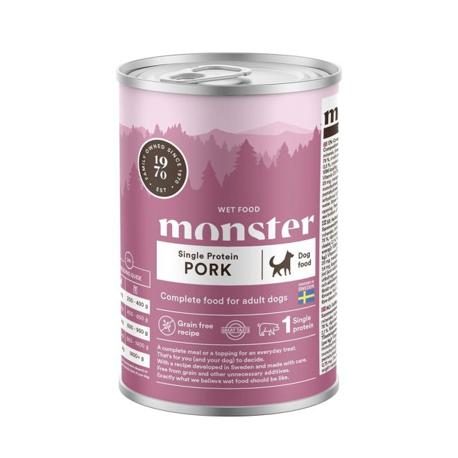 Monster Dog Adult Single Pork Burk 400 g x 6 burkar -  Spannmålsfritt våtfoder med fläsk för hundar
